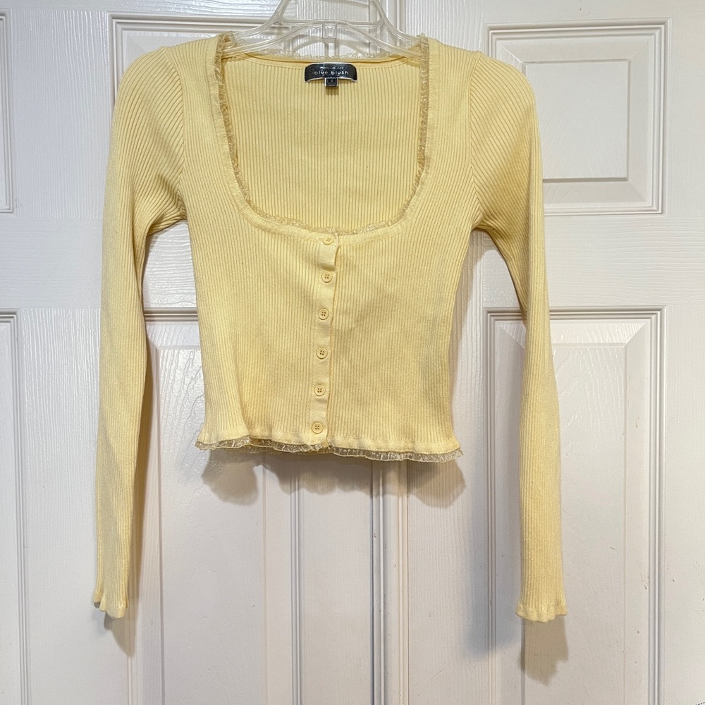 Blue‎ Blush yellow square neck ribbon button front Longsleeve knit top Y2k small